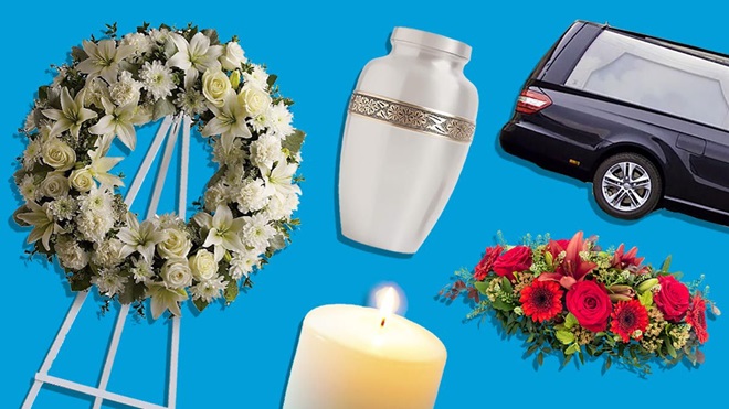 funeral items including hearse flowers urn and candle